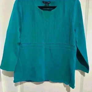 Women’s Size Large Green/Blue Split Neck Long Sleeve Pullover Blouse Top Size